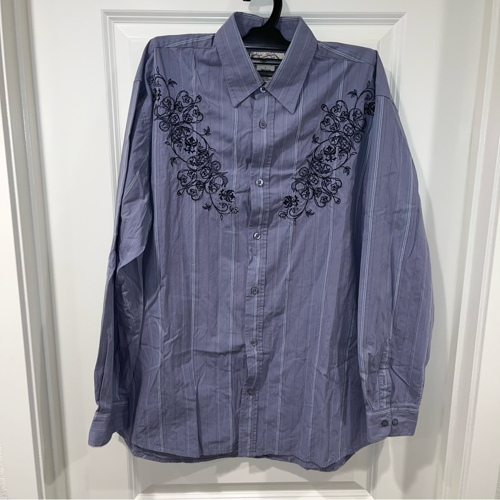 INDIGO JOE MENS STEEL BLUE /GRAY NAVY WESTERN SHIRT SZ L EMBROIDERED GRAPHICS